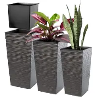 Kadax Set van 3 plantenbakken met binnenpot, 46,5/57,5/68 cm hoog, grafiet, weerbestendige en robuuste bloempot van kunststof, bloempotten voor binnen en buiten