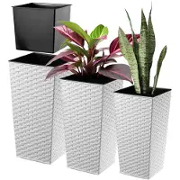 Kadax Bloempotset, bloempot van kunststof, plantenbak, weerbestendige bloempot, voor binnen en buiten, weerbestendige bloempot (wit rotan, set van 3 stuks)