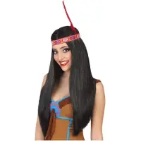 BigBuy party Verkleedpruik Indiaan Aylen voor dames - zwart - met band en veer - Carnaval - lang haar