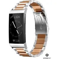 Strap-it Stalen schakel bandje - geschikt voor Fitbit Charge 3 / Charge 4 (zilver/rosé goud)