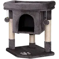 Lionto Kartonnen kraboom voor katten, 60 cm, met knus holletje, pluchen ballen en stevige sisalstengels, ruimtebesparend en modern, donkergrijs