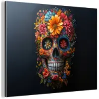MuchoWow Aluminium schilderij 160x120 cm - Wanddecoratie metaal - Bloemen - Kleurrijk - Schedel - Metalen muurdecoratie woonkamer - Decoratie industrieel - Foto op dibond - Industriële accessoires slaapkamer