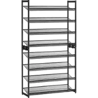 Songmics Schoenenrek met 8 niveaus, schoenenorganizer, uit 2 stapelbare 4-traps planken, voor 32 tot 40 paar schoenen, verstelbare roosterplanken, plat of schuin monteerbaar, zwart LMR08B
