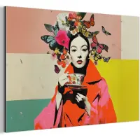 MuchoWow Aluminium schilderij 60x40 cm - Wanddecoratie metaal - Retro - Vrouw - Kopje - Vlinders - Metalen muurdecoratie woonkamer - Decoratie industrieel - Foto op dibond - Industriële accessoires slaapkamer