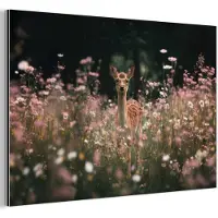 MuchoWow Aluminium schilderij 120x80 cm - Wanddecoratie metaal - Hert - Wilde bloemen - Bos - Metalen muurdecoratie woonkamer - Decoratie industrieel - Foto op dibond - Industriële accessoires slaapkamer