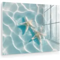 MuchoWow Glasschilderij 160x120 cm - Schilderij acrylglas - Zeesterren - Golvend water - Rustgevend - Foto op glas - Muurdecoratie woonkamer - Wanddecoratie slaapkamer - Schilderijen