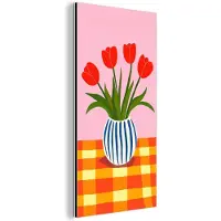 MuchoWow Aluminium schilderij 40x80 cm - Wanddecoratie metaal - Tulpen - Roze - Vaas - Metalen muurdecoratie woonkamer - Decoratie industrieel - Foto op dibond - Industriële accessoires slaapkamer