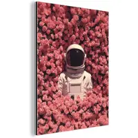 MuchoWow Aluminium schilderij 120x160 cm - Wanddecoratie metaal - Bloemen - Roze - Astronaut - Metalen muurdecoratie woonkamer - Decoratie industrieel - Foto op dibond - Industriële accessoires slaapkamer