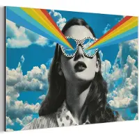 MuchoWow Aluminium schilderij 90x60 cm - Wanddecoratie metaal - Vrouw - Bril - Regenboog - Wolken - Metalen muurdecoratie woonkamer - Decoratie industrieel - Foto op dibond - Industriële accessoires slaapkamer