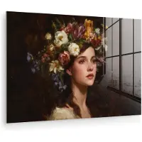 MuchoWow Glasschilderij 180x120 cm - Schilderij acrylglas - Portret - Vrouw - Bloemen - Foto op glas - Muurdecoratie woonkamer - Wanddecoratie slaapkamer - Schilderijen