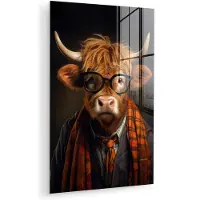 MuchoWow Glasschilderij 120x180 cm - Schilderij acrylglas - Schotse hooglander - Bril - Sjaal - Dier - Foto op glas - Muurdecoratie woonkamer - Wanddecoratie slaapkamer - Schilderijen