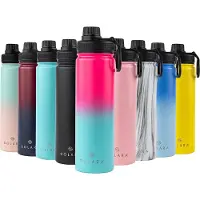 Solara Metalen waterflessen met rietje, 650 ml, vacuüm-geïsoleerde waterfles, roestvrij staal, met 2 deksels (rietdeksel, sportdeksel), roze aqua