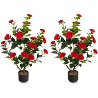 Costway Set van 2 kunstboom met bloemen 95 cm, kunstmatige cameliaboom, kunstplant in pot, cameliaplant met 24 bloemen en natuurlijke stam, kunstbloem thuis, kamerplant, decoratieve plant (2, rood)