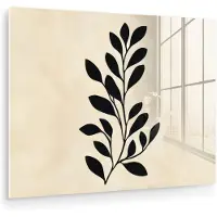 MuchoWow Glasschilderij 160x120 cm - Schilderij acrylglas - Minimalistisch - Tak - Bladeren - Zwart - Foto op glas - Muurdecoratie woonkamer - Wanddecoratie slaapkamer - Schilderijen
