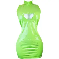Datex Jurk - Maat S/M - ( mix van latex en stof) wetlook kleed glans met opening Groen Nuon Neon