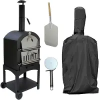 MonsterShop KuKoo Buiten Pizzaoven & Barbecue - Draagbare Houtskool BBQ Tuinsmoker - Mat Zwart - Ø12 inch - Inclusief Gratis Pizza Cutter, Pizza Steen, Pizza Peel en Waterdichte Regenhoes
