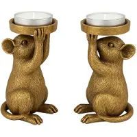 Benza Set van 2 – Theelichthouders Muis – Goudkleurig – Polyresin – 8,6 × 6,5 × 14,5 cm per stuk