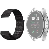 Strap-it Nylon band Zwart + TPU Case Transparant - Geschikt voor Samsung Galaxy Watch 4 40mm - Bescherming hoesje voor Galaxy Watch 4 40mm smartwatch - Zachte nylon band zwart + TPU Case Transparant