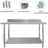 MonsterShop Commerciële Catering Werktafel RVS Horeca - 120 x 60 x 90 cm - Verstelbare Plank + Poten - Inclusief 2 Microvezeldoeken - 10 cm Spatrand