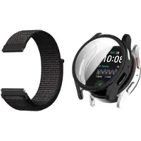 Strap-it Nylon band Zwart + TPU Case zwart - Geschikt voor Samsung Galaxy Watch 7 44mm - Bescherming hoesje voor Galaxy Watch 7 44mm smartwatch - Zachte nylon band zwart + TPU Case zwart
