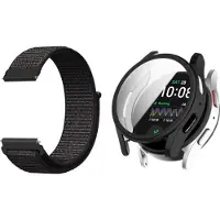 Strap-it Nylon band Zwart + TPU Case zwart - Geschikt voor Samsung Galaxy Watch 4 44mm - Bescherming hoesje voor Galaxy Watch 4 44mm smartwatch - Zachte nylon band zwart + TPU Case zwart