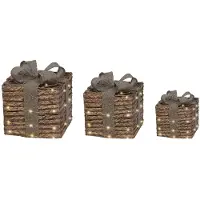 Lumineo Warm wit 65 Micro-LED Set van 3 cadeaudozen jute met strik bruin