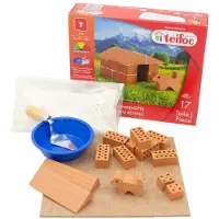 Teifoc Bouwdoos – Hondenhok Bouwset – 17 onderdelen – Echte mini Bakstenen met Cement, Kom en Troffel – Bouwpakket voor kinderen vanaf 6 jaar