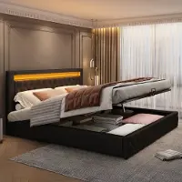 SINGULARITY -Gestoffeerd bed 180 x 200 cm functioneel bed met lattenbodem en opbergruimte- LED-verlichting in diverse kleuren- zwart- PU- ​​Zonder matras
