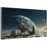 MuchoWow Aluminium schilderij 160x80 cm - Wanddecoratie metaal - Astronaut - Kat - Glas - Stoel - Metalen muurdecoratie woonkamer - Decoratie industrieel - Foto op dibond - Industriële accessoires slaapkamer