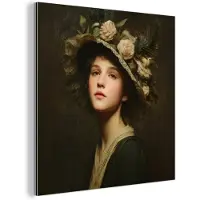 MuchoWow Aluminium schilderij 50x50 cm - Wanddecoratie metaal - Bloemenhoed - Portret - Vrouw - Metalen muurdecoratie woonkamer - Decoratie industrieel - Foto op dibond - Industriële accessoires slaapkamer