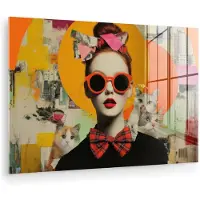 MuchoWow Glasschilderij 180x120 cm - Schilderij acrylglas - Vrouw - Bril - Strik - Retro - Foto op glas - Muurdecoratie woonkamer - Wanddecoratie slaapkamer - Schilderijen