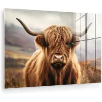MuchoWow Glasschilderij 180x120 cm - Schilderij acrylglas - Schotse hooglander - Landschap - Dier - Foto op glas - Muurdecoratie woonkamer - Wanddecoratie slaapkamer - Schilderijen