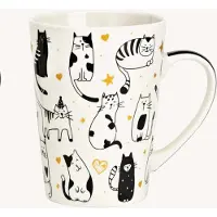 Jumbo mok wit met getekende zwarte katten met goudkleurige details