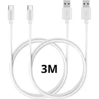 Phonillico 2x USB C naar USB A Kabel Wit - 3 meter - Oplaadkabel voor Xiaomi Poco M7 Pro 5G / Poco F7 Ultra 5G / Poco F7 Pro 5G / Poco F6 Pro 5G / Poco F6 5G / C75 / C65 / X7 Pro 5G
