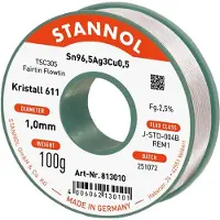 Stannol Kristall 611 Fairtin Soldeertin, loodvrij Loodvrij Sn96,5Ag3Cu0,5 REM1 100 g 1 mm