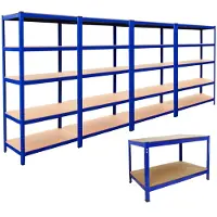 Monster Racking 4 x T-Rax Stellingkasten + Werkbank - Blauw - 100% boutloos - Draagkracht : 1400 kg & 400 kg - opbergrekken metaal bundel