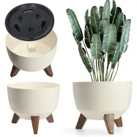 Kadax Verhoogde plantenpot, grote kunststof plantenbak met poten voor binnen en buiten, duurzame ronde plantenbak voor kamerplanten (24 cm, crème)