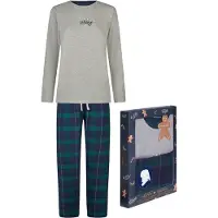 Happy Shorts Dames kerst pyjama set shirt + broek giftbox grijs/groen geruit flanel