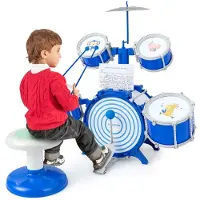 Costway Kinderdrumset, drumset met kruk, muziekstandaard en voetpedaal, drumset voor kinderen vanaf 3 jaar
