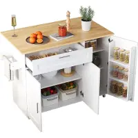 Merax Grote Mobiele Keukentrolley met Uitklapbare Eikenhouten Werkblad - 5 Wielen - Handdoekhouder en Opbergruimte – Wit met Bruin – 132.5x44(70)x90 cm