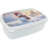 MuchoWow Broodtrommel Wit - Lunchbox Sneeuwpop - Zonsondergang - Wit - Brooddoos 18x12x6 cm - Brood lunch box - Broodtrommels voor kinderen en volwassenen