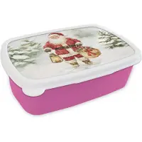 MuchoWow Broodtrommel Roze - Lunchbox Kerstman- Winter - Sneeuw - Wit - Rood - Brooddoos 18x12x6 cm - Brood lunch box - Broodtrommels voor kinderen en volwassenen