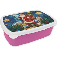 MuchoWow Broodtrommel Roze - Lunchbox Kerstman - Glas - Kleurrijk - Brooddoos 18x12x6 cm - Brood lunch box - Broodtrommels voor kinderen en volwassenen