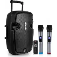 Pyle Draagbaar PA-systeem voor karaoke, externe draadloze bluetooth-luidspreker, compatibel met 1000 W, oplaadbare batterij, wielen, USB MP3 RCA, 2 UHF-microfoons, afstandsbediening,