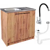 Stamar - Keukenkast 80cm - Onderkast met Spoelbak met één compartiment + kraan + sifon - Eiken Goud