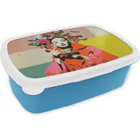 MuchoWow Broodtrommel Blauw - Lunchbox Retro - Vrouw - Kopje - Vlinders - Brooddoos 18x12x6 cm - Brood lunch box - Broodtrommels voor kinderen en volwassenen