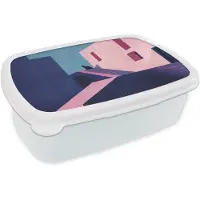 MuchoWow Broodtrommel Wit - Lunchbox Kat - Trap - Gebouwen - Schaduwcontrasten - Brooddoos 18x12x6 cm - Brood lunch box - Broodtrommels voor kinderen en volwassenen