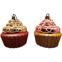 Villa Volance Luxe Kerstornamenten 6.5 cm lang– Set van 2 – Cupcake Roze & Goud met Glitter – Glanzende & Sprankelende Kerstdecoratie -kerstbal