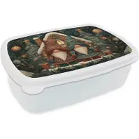 MuchoWow Broodtrommel Wit - Lunchbox Kerst - Gnomen - Peperkoekhuisje - Rood - Groen - Brooddoos 18x12x6 cm - Brood lunch box - Broodtrommels voor kinderen en volwassenen