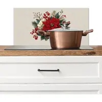 KitchenYeah Spatscherm keuken 60x30 cm - Kookplaat achterwand Kerststuk - Poinsettia - Dennenappels - Rood - Muurbeschermer - Spatwand fornuis - Hoogwaardig aluminium